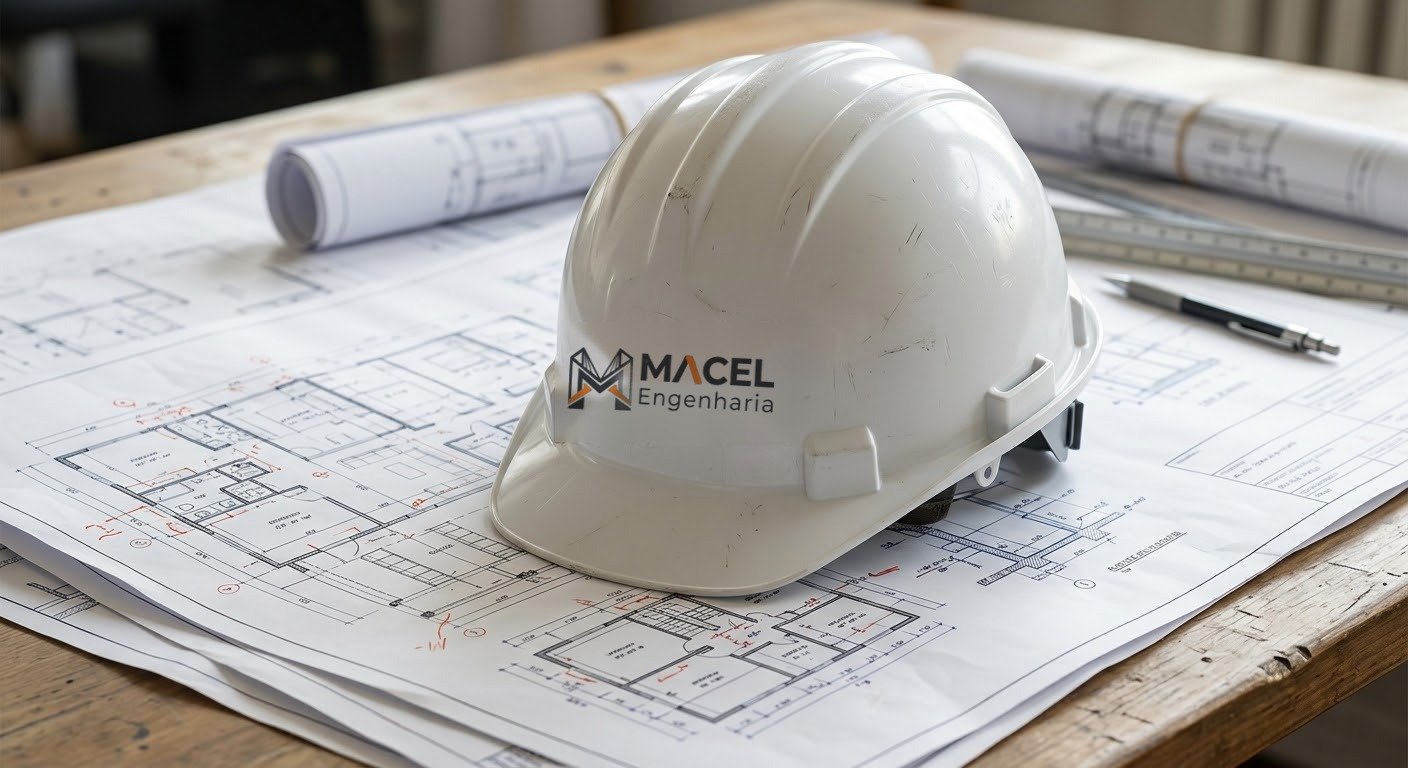 Capacete branco com a logo da MACEL Engenharia sobre plantas de projeto